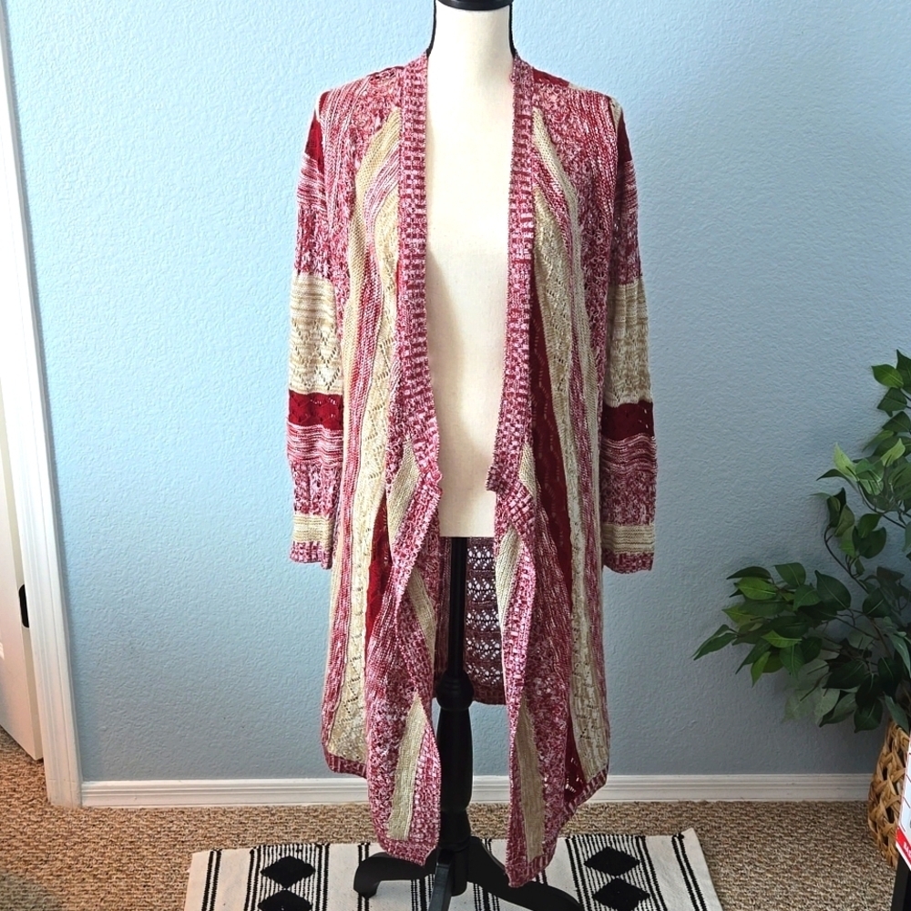 ABSOLUTELY FAMOUS Burgundy Beige open front long line cardigan waterfall Small